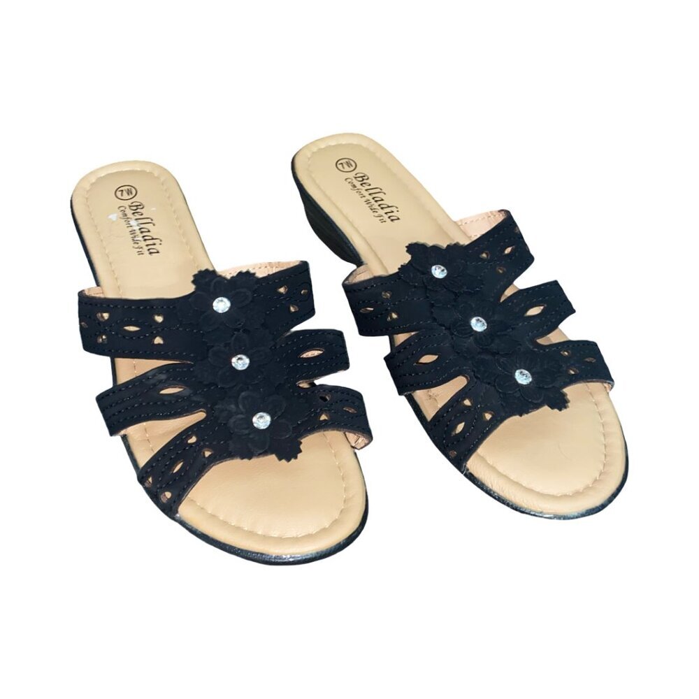 Sz.7W*Belladia*Black Slip-Ons Sandals Slides W/ Rhinestones